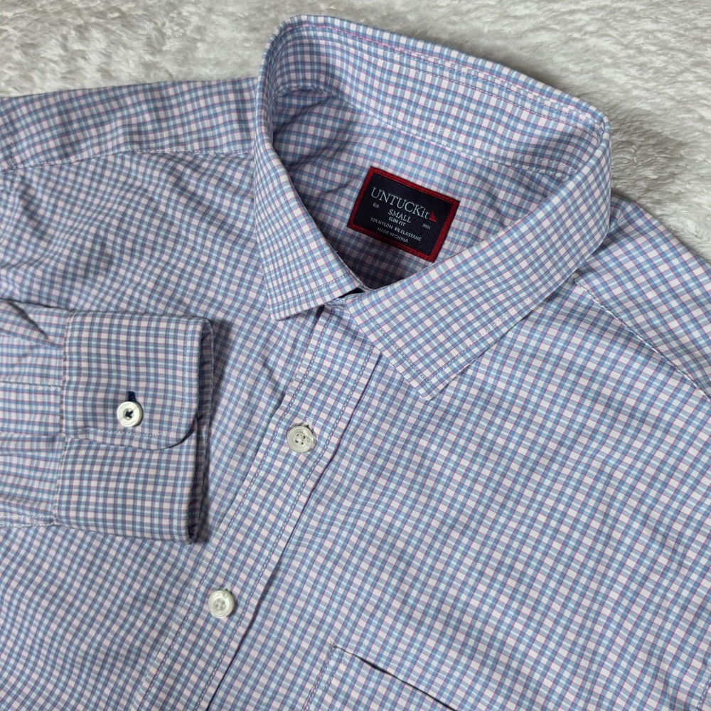 UNTUCKit Dalton Mens Sm Pink Blue Performance Nylon Stretch Slim Fit Button Up